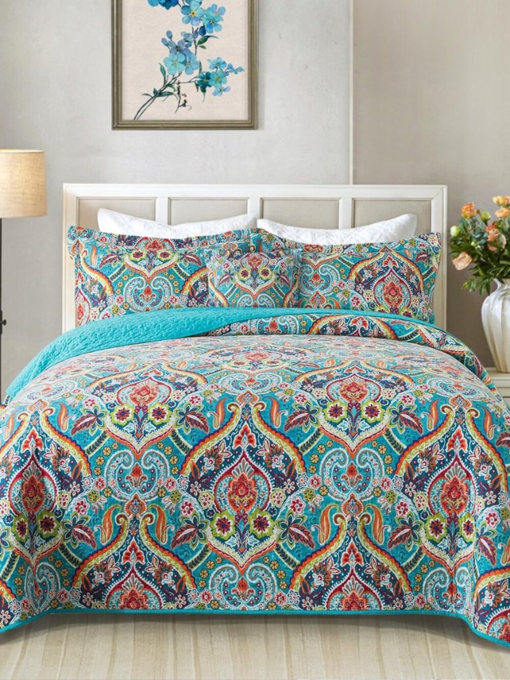 Cotton Quilt Queen Bedding Set - Quilts with Paisley Floral Pattern
